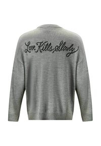 Grauer Pullover mit lockerer Passform, gerippten Bündchen und Saum. Auf der Rückseite befindet sich schwarzer, gestickter Text: "Love Kills Slowly." Weicher Stoff.