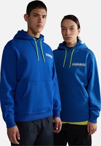 Felpe blu in cotone con tasca frontale e polsini a costine. Presenta cordini di contrasto verdi e dettagli del logo sul petto.