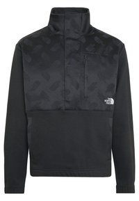 Svart huvtröja med hög krage. Framsidan har en dragkedjeficka och ett mönstrat panel. Materialet är slätt med en mjuk textur.