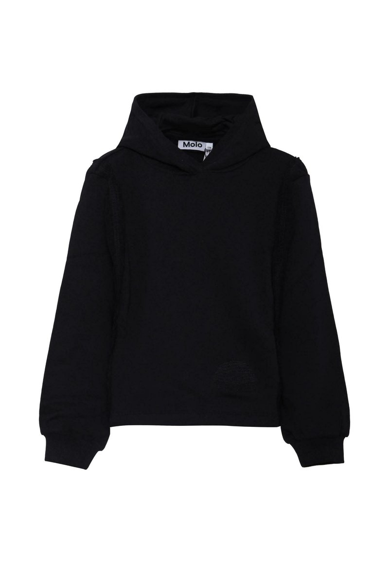 Felpa nera con cappuccio realizzata in tessuto morbido, dotata di cappuccio con cordoncino, polsini a costine e un dettaglio a toppa testurizzata sul davanti.