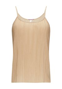 Beige plissé tanktop met dunne bandjes, met een gladde textuur en verticale lijnen, wat zorgt voor een vloeiende uitstraling.