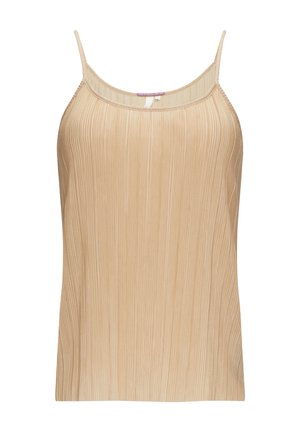 Débardeur plissé beige avec des bretelles fines, présentant une texture lisse et des lignes verticales, créant un design fluide.