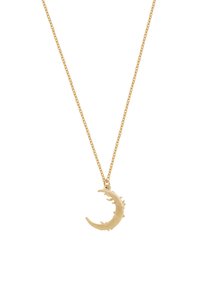 Guldfärgad halsband med en halvmåneberlock med en texturerad yta och små accenter, hängande från en delikat kedja.