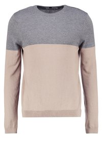 Pull en maille gris clair et beige avec un col rond, présentant un design en color-block et des bords côtes aux poignets et à l’ourlet. Texture lisse.