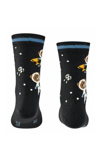 Schwarze Socken mit blauen Streifen, die cartoonhafte Bären in Astronautenanzügen zeigen, die eine gelbe Rakete halten, umgeben von weißen, weltraumthemen Punkten.