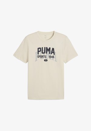 Cremefarbiges Baumwoll-T-Shirt mit einem großen schwarz-grauen Druck von "PUMA SPORTS 1948" über der Brust. Kurze Ärmel, runder Halsausschnitt.