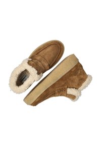 Brown suede slippers with cream fur lining, featuring a rounded toe and textured rubber sole. Side strap with decorative stitching detail.