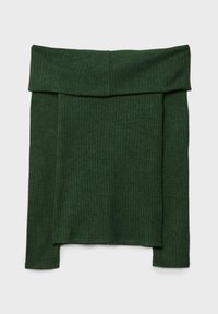 Haut en maille côtelée vert foncé, à manches longues et épaules dénudées, avec un col replié, posé à plat sur un fond clair.