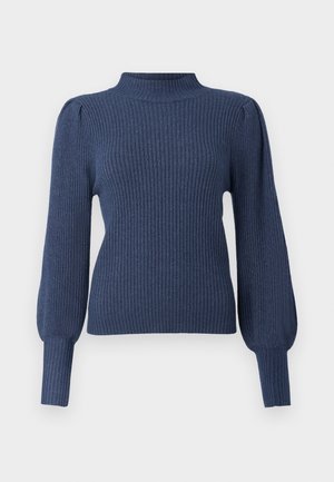 Maglione navy a coste con collo alto, maniche lunghe e voluminose, e un corpo aderente. Realizzato in un morbido tessuto texturizzato.