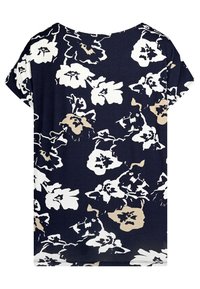 Navy blouse with short sleeves, featuring a floral pattern in white and beige. Soft fabric with a relaxed fit and crew neckline.