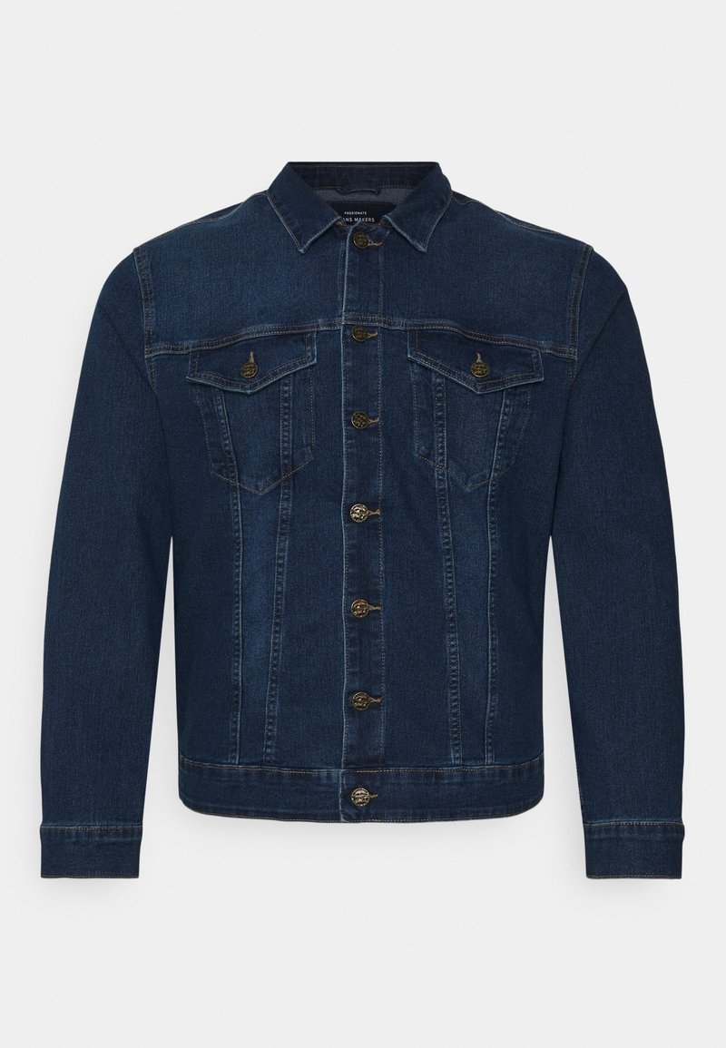 Tmavě modrá džínová bunda s klasickým límcem, předním zapínáním na knoflíky a dvěma náprsními kapsami. Obsahuje knoflíky ve zlatém tónu a rovný střih.