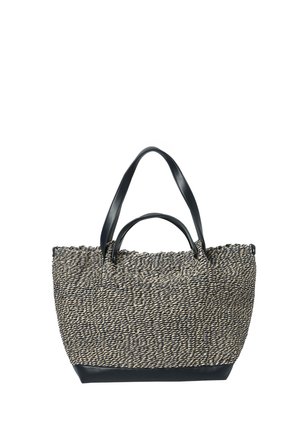 Tote bag with woven black and beige pattern, black leather handles, and black leather base.
