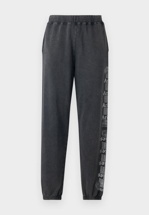 Grijze sweatpants met een elastische tailleband en boordjes, voorzien van een verticale grafische print aan één zijde in een contrasterende kleur.