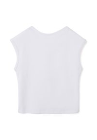 Top bianco a maniche corte con costine, con scollatura arrotondata e vestibilità comoda, caratterizzato da una texture liscia e senza branding o fantasie visibili.