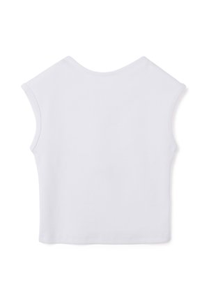 Haut à manches courtes côtelé blanc avec un col rond et une coupe décontractée, proposant une texture lisse et sans aucune marque ou motif visible.