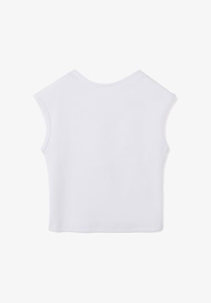 Haut à manches courtes côtelé blanc avec un col rond et une coupe décontractée, proposant une texture lisse et sans aucune marque ou motif visible.