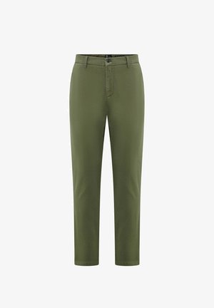 Oliwkowe spodnie o slim fit. Wykonane z tkaniny tkanej, z zapięciem na guzik i zamek błyskawiczny oraz dwiema bocznymi kieszeniami. Gładka tekstura.