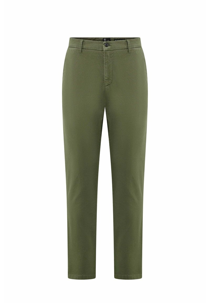 Pantaloni verde oliva con una vestibilità slim. Realizzati in tessuto tessuto, con chiusura a bottone e zip, e due tasche laterali. Texture liscia.