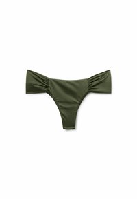 Bas de bikini vert olive avec de larges panneaux latéraux, texture froncée et design hautement découpé, fabriqué à partir d'un matériau doux et extensible.