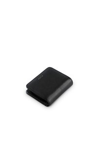 Black leather wallet with a smooth texture, bi-fold design, and gold logo detail. Compact shape with a zippered compartment.