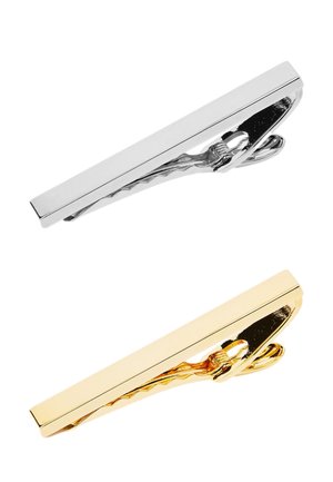 Two metal tie clips, one silver and one gold, shown on a white background.