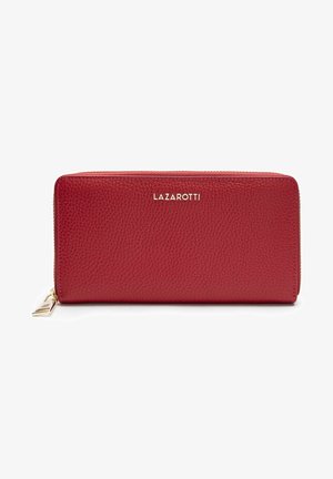 Portefeuille en cuir rouge avec une surface texturée, fermeture éclair et un accent en métal doré. Nom de la marque "LAZAROTTI" affiché en lettres dorées.