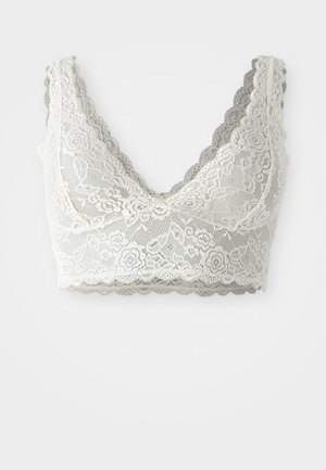 Lace bralette in cream and grey. Scalloped edges, floral pattern, v-neck design, sheer fabric with soft texture, unlined cups.
