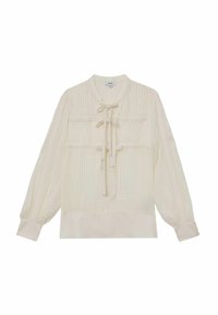 Kreemikollane pluus peenikeste triipudega tekstuuriga, pika pauguga varrukatega, ümmarguse kraega ja ees lipsudetailiga. Omab kahte rinnataskut.