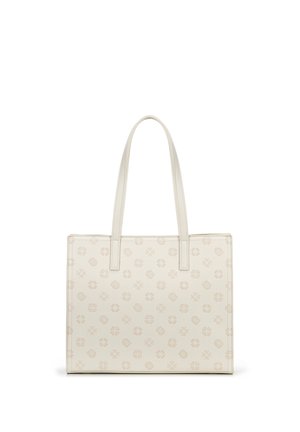 Bolso tote rectangular de color crema con dos asas y un diseño sutil en patrón que presenta pequeños símbolos y logos beige.