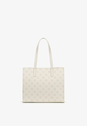 Bolso tote rectangular de color crema con dos asas y un diseño sutil en patrón que presenta pequeños símbolos y logos beige.