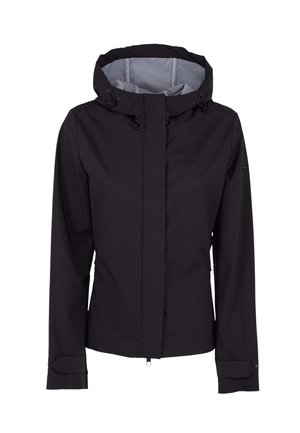 Zwarte waterdichte jas met capuchon, voorrits en verstelbare zoom en manchetten, gevoerd met lichtgrijze stof.