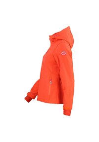 Veste orange avec une capuche intégrale, fermeture éclair à l'avant et poignets. Présente un patch logo sur la manche et une texture de tissu lisse et imperméable.