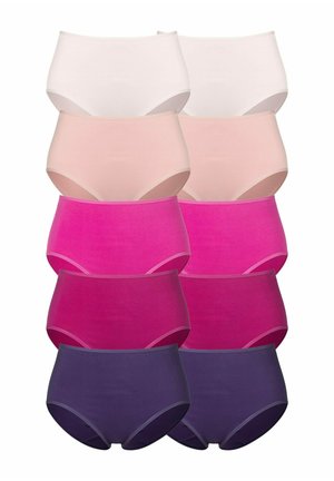 Zehn Paare Baumwollunterhosen in verschiedenen Farben: Weiß, Hellrosa, Dunkelrosa und Lila. Hoch geschnittenes Design mit glatter Textur.