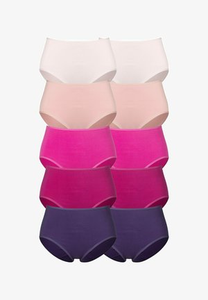 Dieci paia di mutandine di cotone in diverse tonalità: bianco, rosa chiaro, rosa scuro e viola. Design a vita alta con una texture liscia.