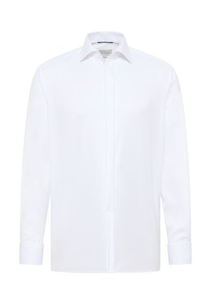 White long-sleeve shirt with a pointed collar, front button closure, and double cuffs; smooth texture and tailored fit.