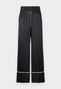 Black wide-leg trousers with a high waist, featuring a front zip closure and contrasting white stitching along the hem and sides.