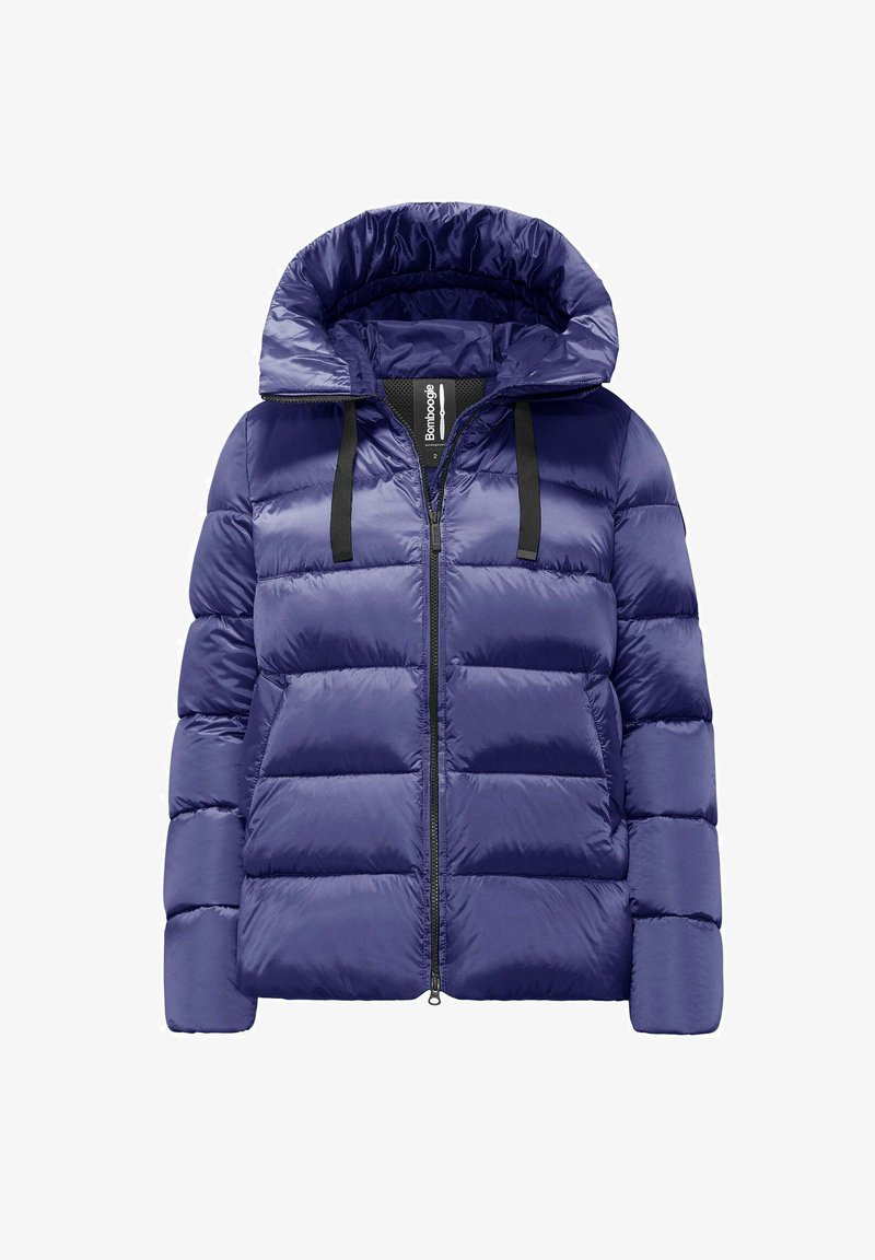 Donsjack in donkerpaars, met een geborduurd design, volledige ritssluiting en een capuchon met zwarte trekkoorden. Gladde, glanzende textuur.
