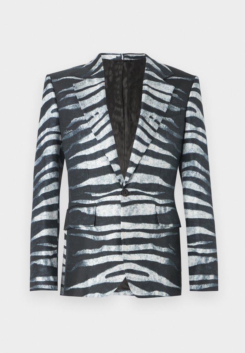 Sort blazer med zebrastribemønster i hvid og grå, enkelt knaplukning, to frontlommer og en kontrasterende inderfor.