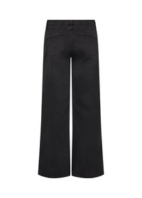 Mustat leveät farkut, joissa on sileä pinta, kahdella takataskulla ja korkealla vyötäröllä. Siistit linjat ja ei näkyviä koristeita.