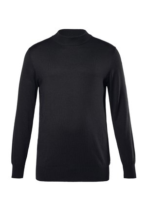 Schwarzer Strickpullover mit hohem Kragen, langen Ärmeln und gerippten Bündchen und Saum. Glatte Textur, klassischer Schnitt, minimales Design.