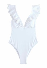 Witte badpak met diepe V-hals, kantafwerking op de schouders, een gladde textuur en hoge beenopeningen.