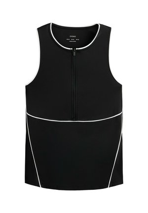 Haut noir sans manches avec fermeture éclair devant et passepoil blanc le long de l'encolure et des coutures, fabriqué par Oysho en taille M.