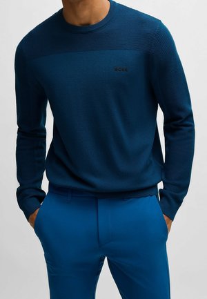 Marineblauer Strickpullover mit gerippter Textur an den Schultern und Logo-Detail. Kombiniert mit passenden blauen Hosen, das Material wirkt weich und eng anliegend.