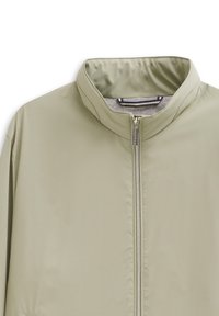Light green jacket made of smooth material, featuring a high collar, front zipper, and a gray inner lining with subtle striped accents.