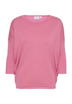 Ružičasti oversized pulover s okruglim izrezom, rukavima do tri četvrtine i rebrastom teksturom, s etiketom s natpisom "Saint" na ovratniku.