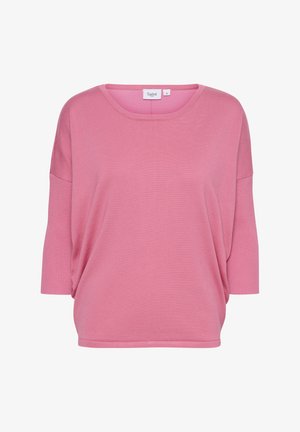 Rosa übergroßer Pullover mit rundem Halsausschnitt, Dreiviertelärmeln und geribbelt-texturiertem Stoff, mit einem Label mit "Saint" am Kragen.