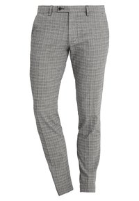 Pánské šedé kalhoty slim fit s jemným bílým kostkovaným vzorem, poutky na opasek, předním knoflíkem a zipovým zapínáním.