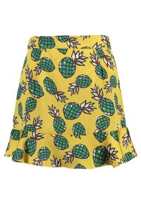 Jupe jaune avec un motif d'ananas en vert et marron. Ourlet évasé avec des détails en volants. Tissu léger et doux.
