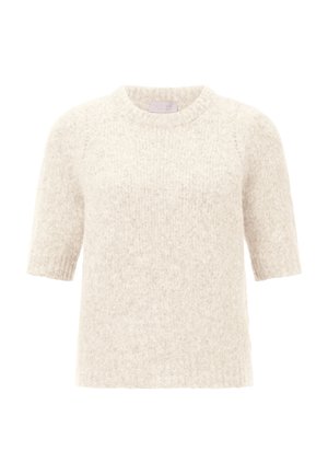 Pull en beige clair à manches courtes en matériau doux et texturé, avec un col rond et un motif côtelé subtil.