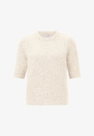 Világosszürke, rövid ujjas pulóver, puha, texturált anyagból, kerek nyakkivágással és finom bordázott mintával.